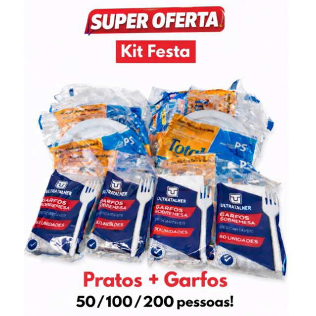 KIT FESTA - 50/100/200 Pessoas  - Pratos + Garfos | Material Resistente | Bolos | Sobremesas | Doces