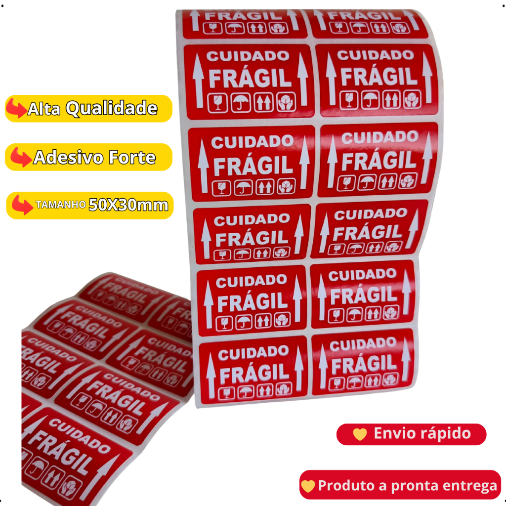 Etiquetas Adesiva Cuidado Frágil 50x30m -fundo branco -MAIS SEGURANÇA NO ARMAZENAMENTO E TRANSPORTE.