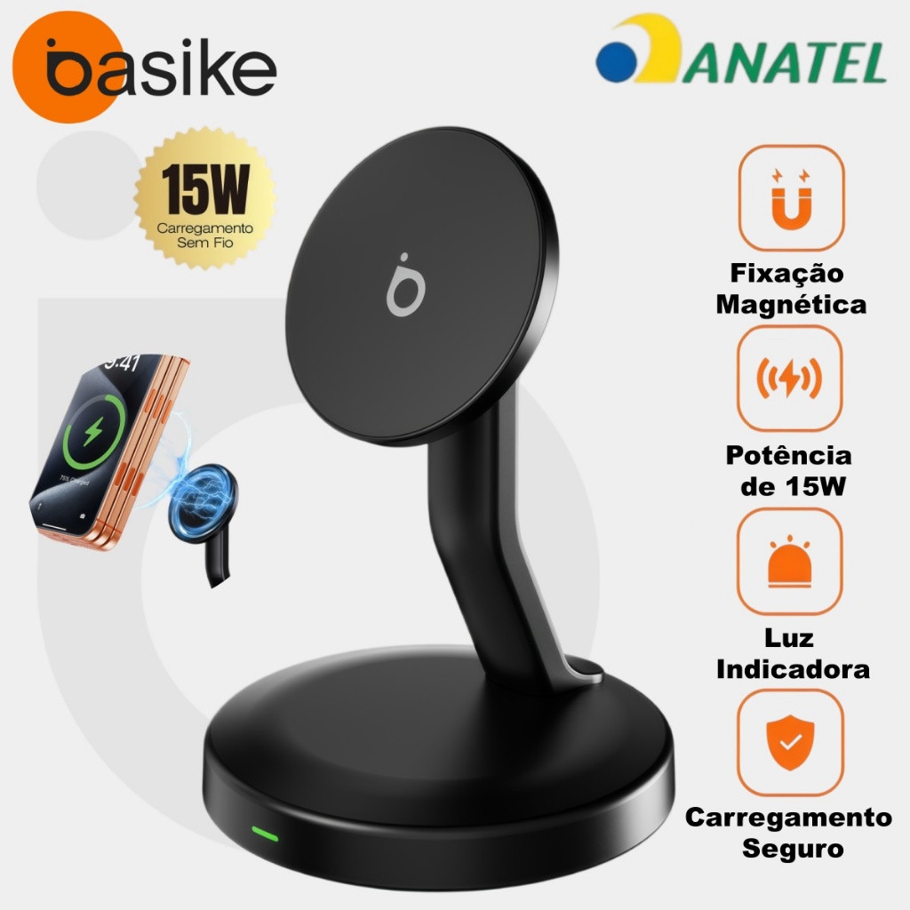 BASIKE Suporte Magnético 3 em 1 Sem Fio 15W, Carregador Rápido para iPhone, Apple Watch e AirPods