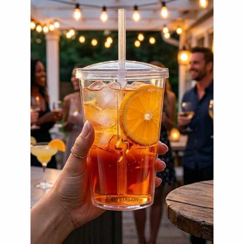 Copo com Tampa e Canudo 550ml Transparente Krystalon - Copo Grande Resistente de Acrílico para Suco Água Reutilizável