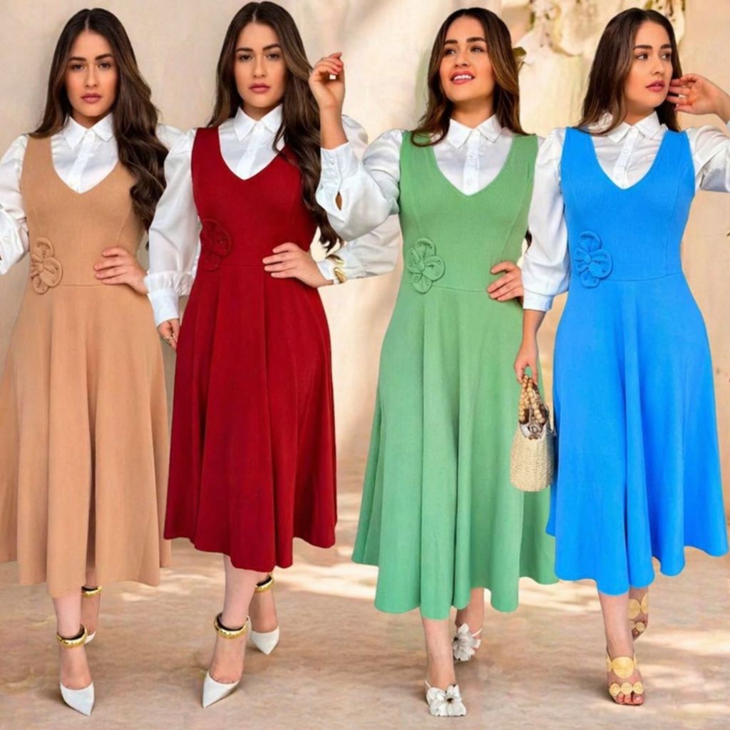 Vestido Salopete Midi Evangélico Flor Pérolas Ana Ruga Godê Elegante Ajuste Confortável Feminino
