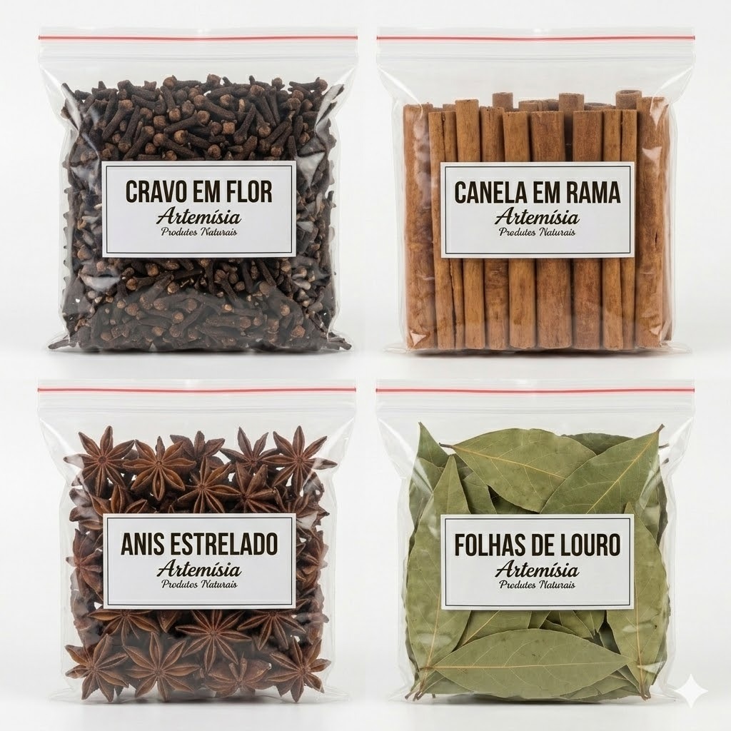 Especiarias - Kit Especiarias - Cravo em Flor, Canela em Rama, Anis Estrelado e Folhas de Louro.
