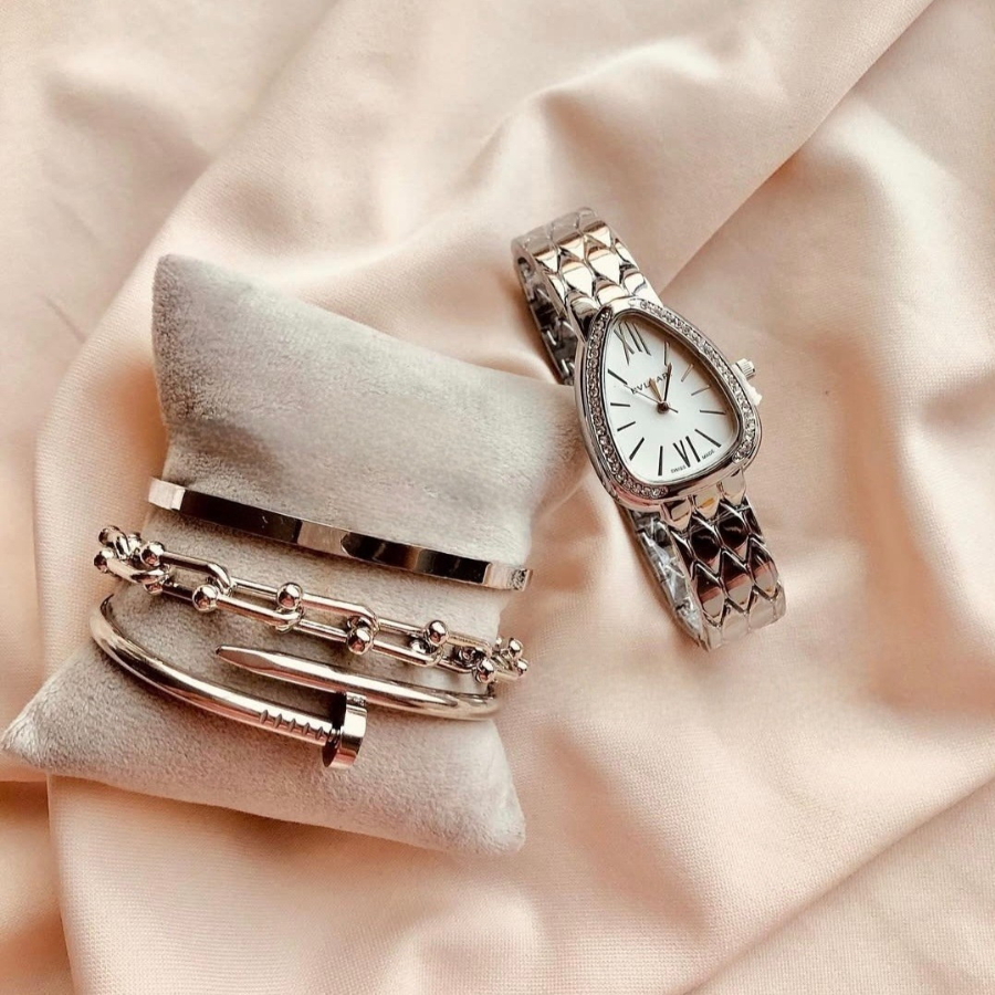 Conjunto de Relógio Braceletes e Pulseira Feminina Prata Aço Inoxidável Acessórios Femininos Relogio