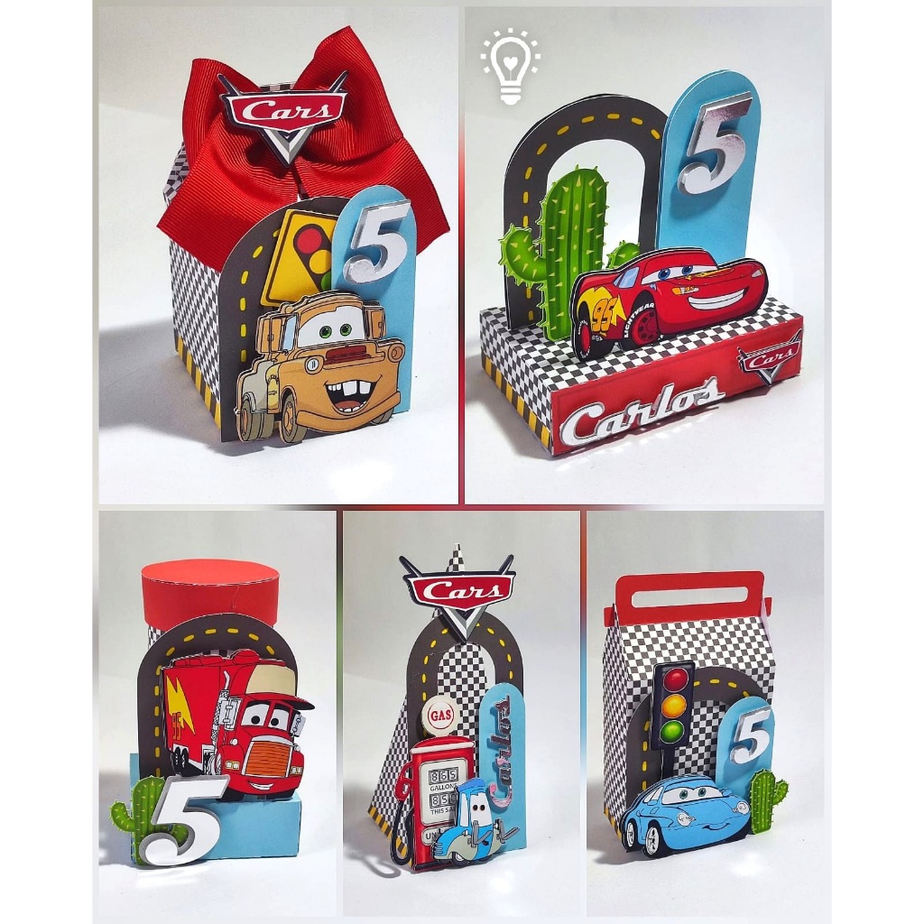 Kit Lembrancinhas Personalizadas no tema Carros com Aplique 3D - Caixinhas Pegue e Monte Festa Infantil