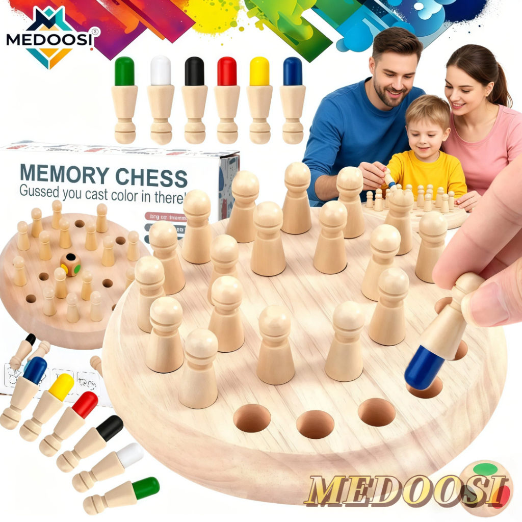 MEDOOSI Jogo de Memória em Madeira para Crianças /Infantil Pinos Coloridos Xadrez 3D Quebra Cabeça /Educativo Brinquedos
