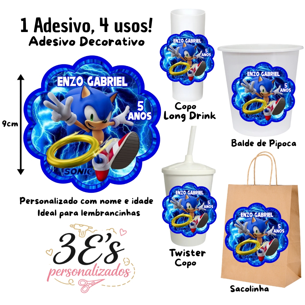Sonic MOD.02 Adesivos Personalizados Sacolinhas Balde de Pipoca Copo Twister Copo Long Drink