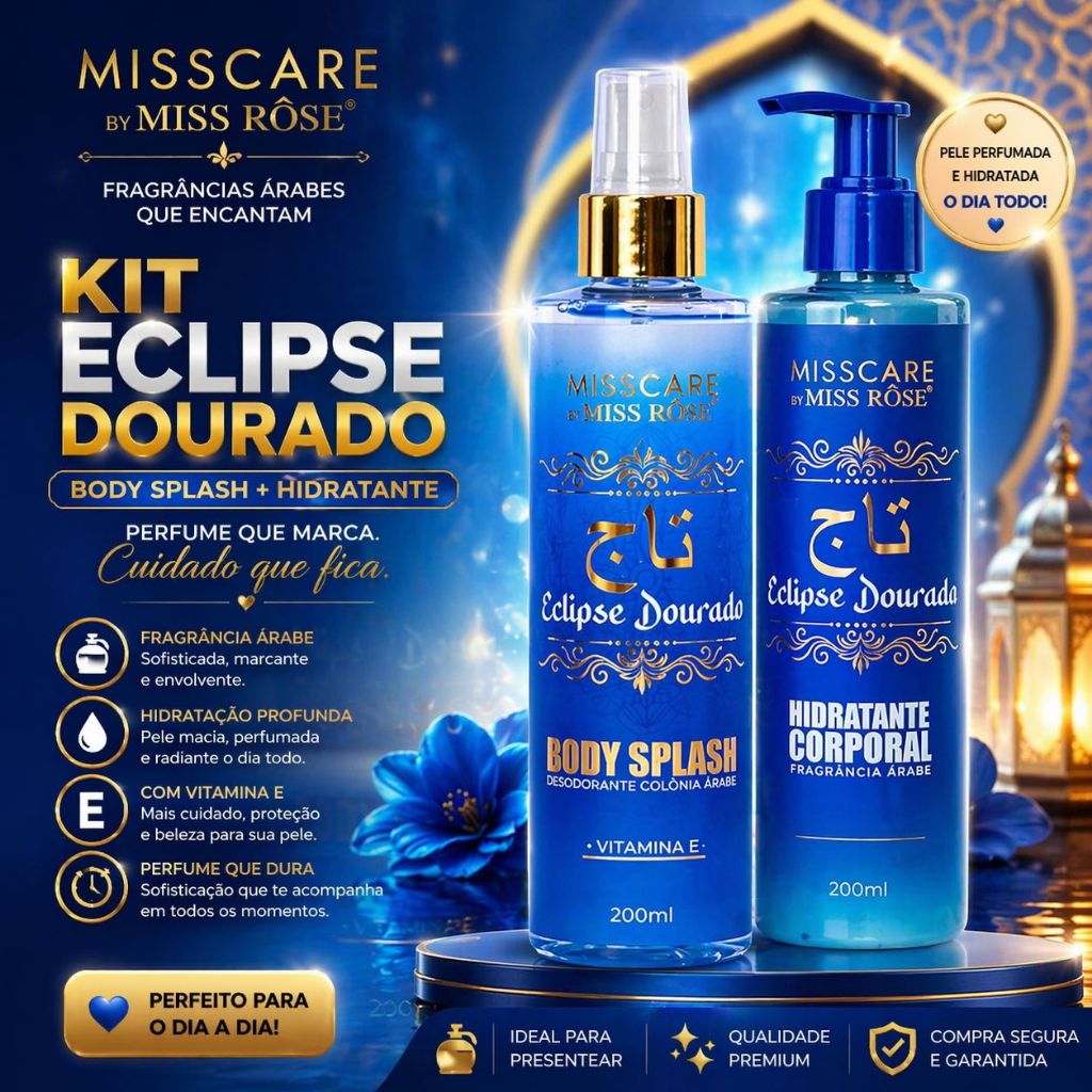 Body Splash + Hidratante Miss Rôse Eclipse Dourado | Perfume Ambarado Marcante | Vegano