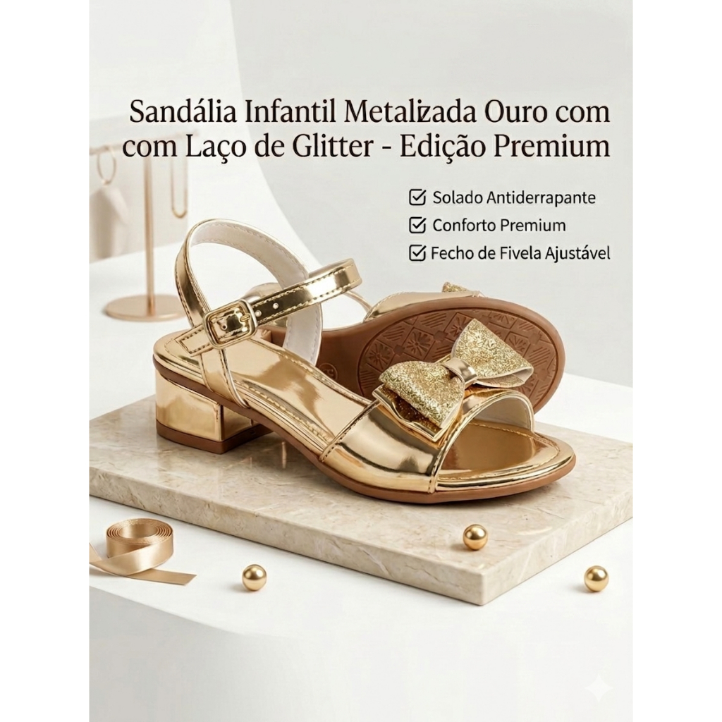 Sandália Infantil Juvenil Menina com Salto Bloco Baixo - Preto e Dourado Com Detalhe Laço Glitter.