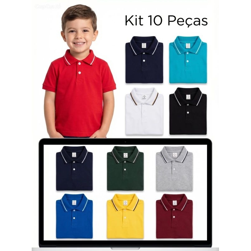 kit 10 peças camisetas polo infantil lisa menino e kit 6 peças