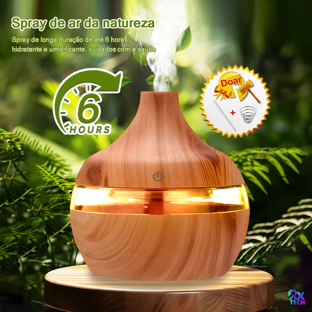 Umidificador De Ar E Madeira Aromatizador Difusor Elétrico Ambiente 8H LED De 7 Cores Ultrassonico Portátil