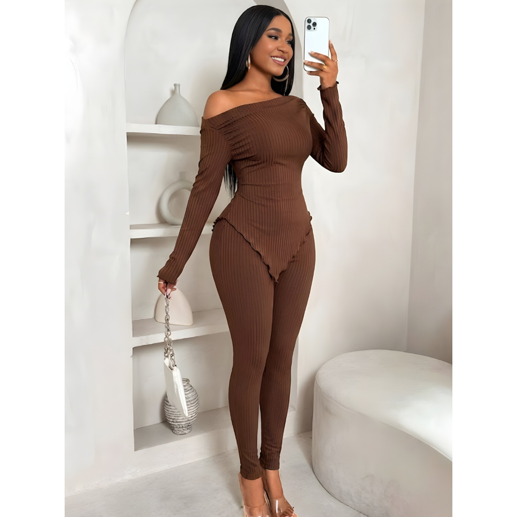 Conjunto Feminino Sara Blusa Manga Longa Assimétrica + Calça Legging Ribana Moda Tendência Inverno