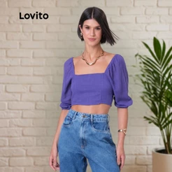 Lovito Blusa Manga Bufante Decote Quadrado Moda Feminina BRBLB333BRL362