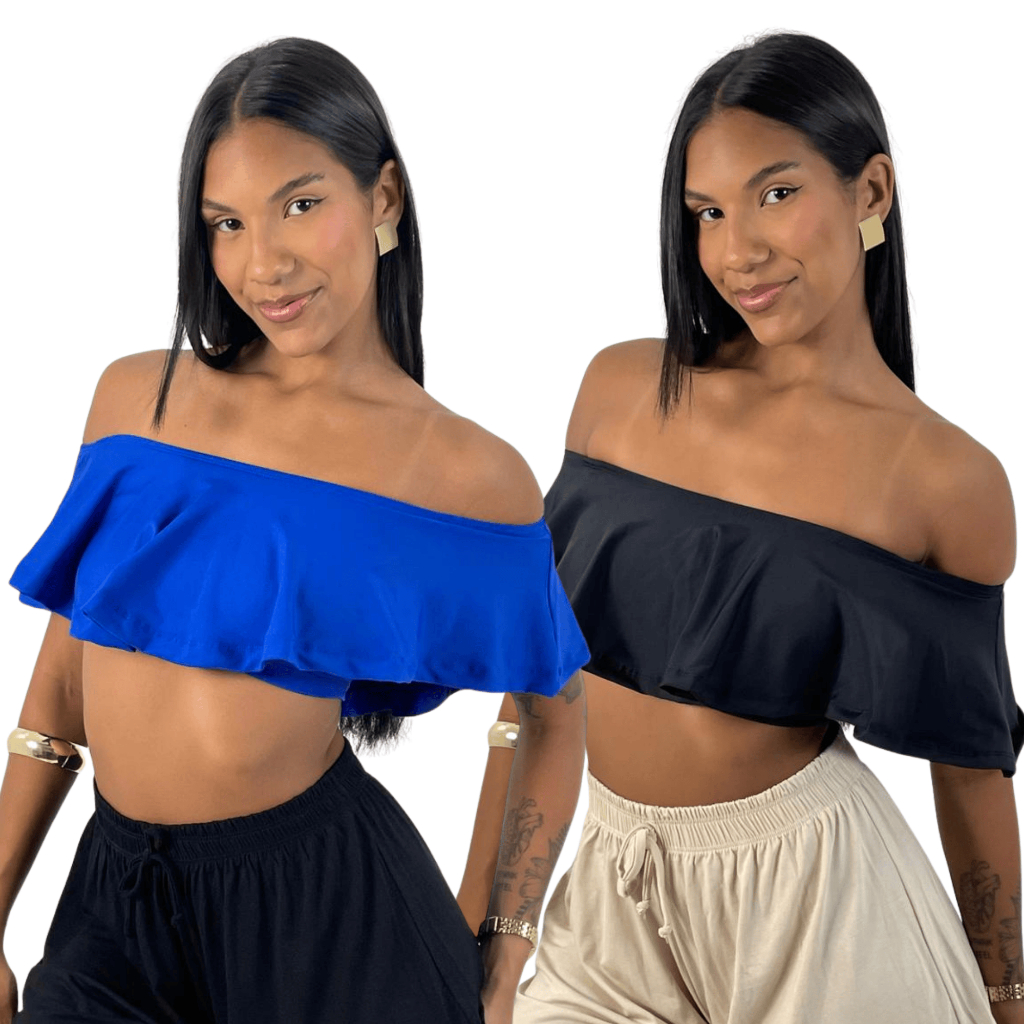 KIT 2: Cropped Feminino Ciganinha Ombro a Ombro Babado com Top por Baixo Suplex Premium de Qualidade