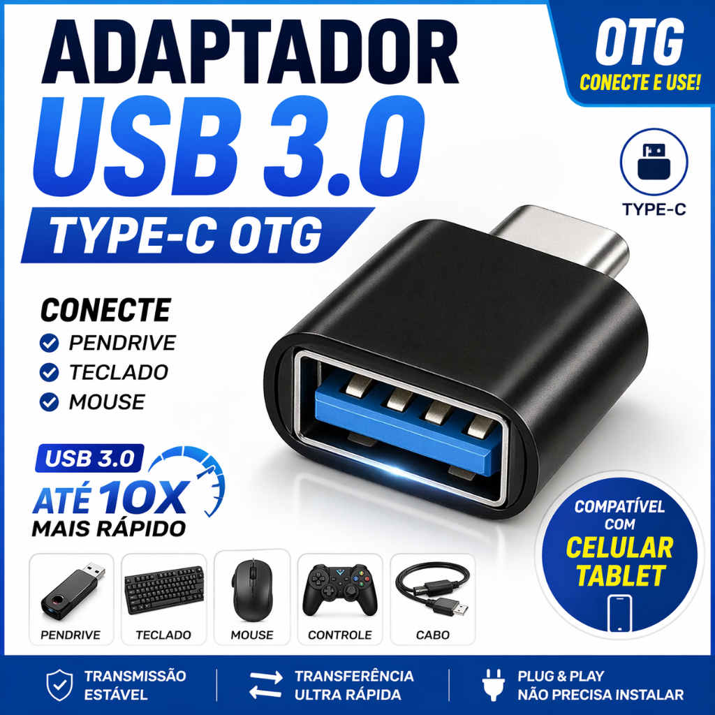 Adaptador Tipo C USB 3.0 OTG Conversor USB-C para USB Conecta Pendrive Teclado Mouse Tablet