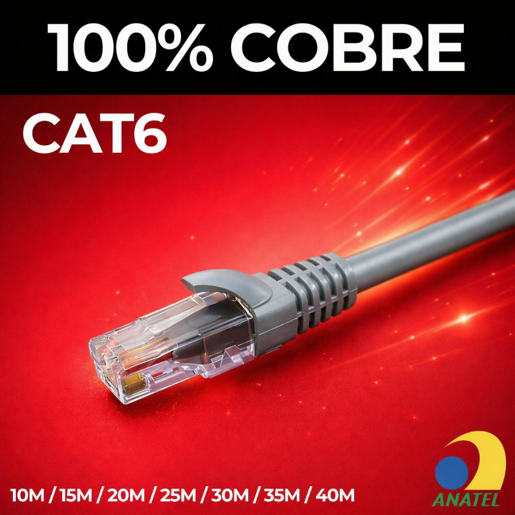 Cabo de Rede CAT6 100% Cobre CINZA 10M 15M 20M 30M 40M
