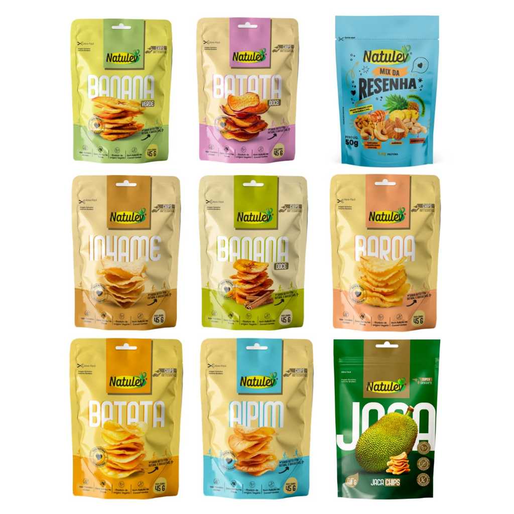 Kit com 9 snacks sortidos 1 de cada sabor(aipim,bananac/canela, banana v., baroa, batata, batata doce, inhame, mix,jaca)