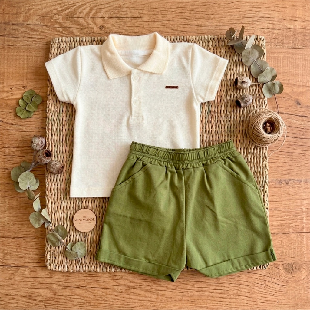 Trend Look Conjunto Menino Gola Polo Shorts Fresquinho Estiloso Confortável Botões Frontais