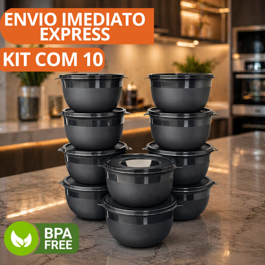 Kit 10 Bowl Preto Potes de Cozinha c Tampa  Tapoer Alimentos e Marmitas Congelador