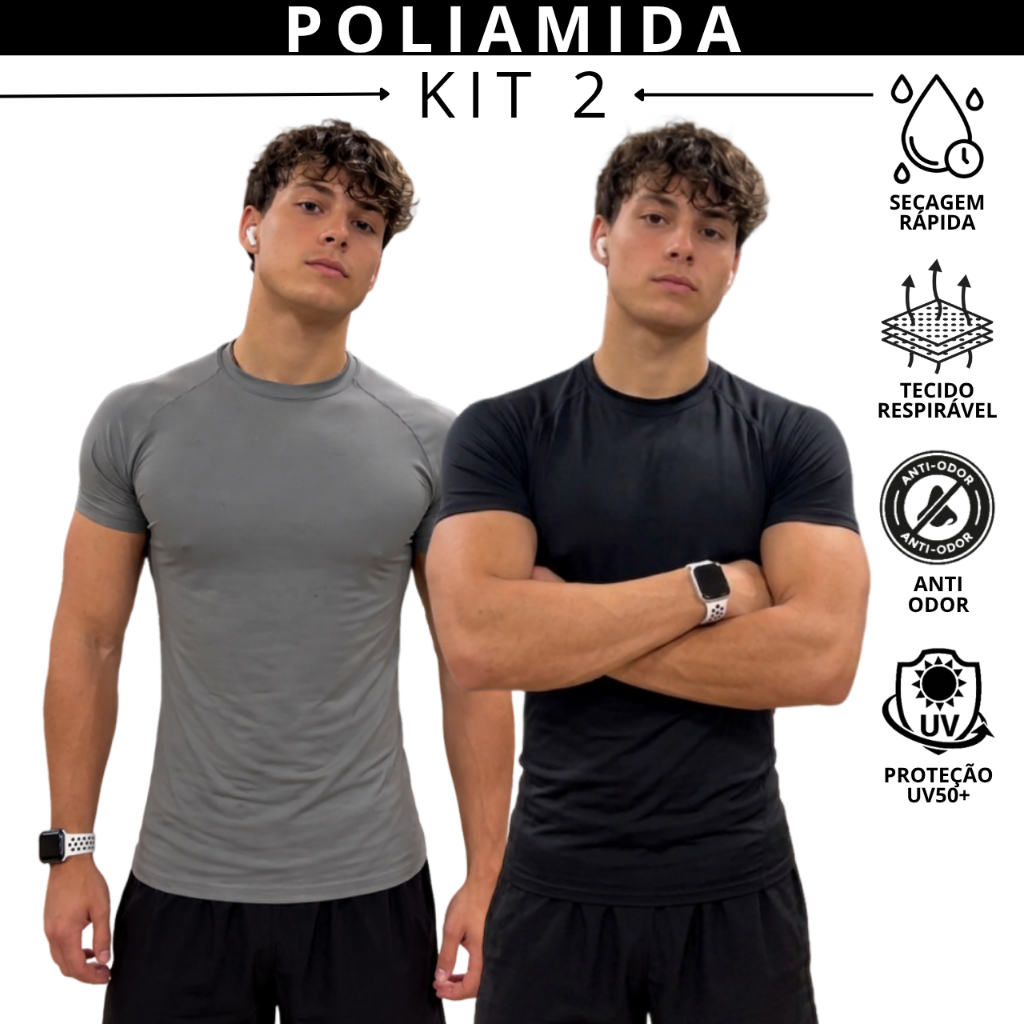 Kit 2 Camiseta Poliamida Tech Tecido Gelado Masculina Compressão Manga Curta Academia Raglan Fitness
