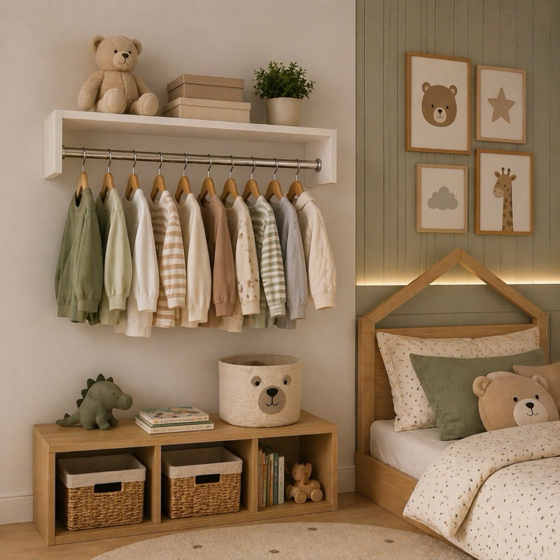 Cabideiro de Parade Branco MDF 60cm com Suporte Metálico Arara de Roupas Quarto bebê/Quarto infantil/Sala e Lavanderia