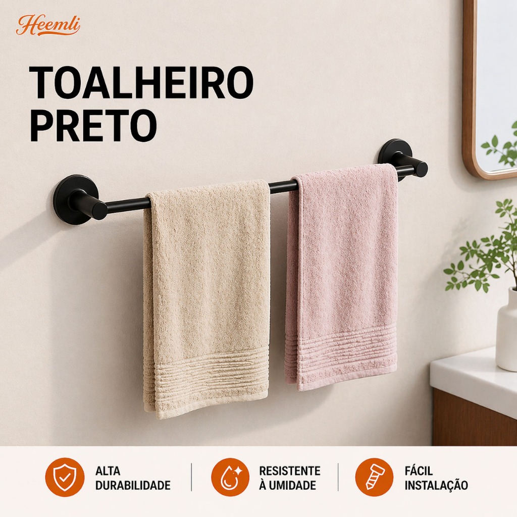 Suporte de Toalha de Parede sem Furo Barra Simples para Banheiro Preto Branco Heemli