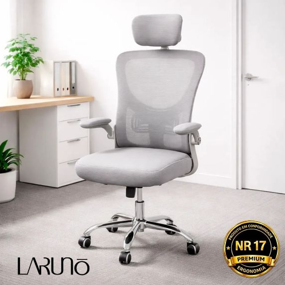 Cadeira de Escritório Ergonômica Cinza com Apoio Lombar, Braços Ajustáveis e Encosto Mesh – LARUNO