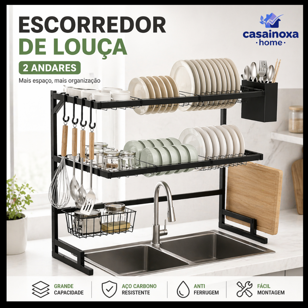Escorredor Organizador de Louças Preto Aço Inoxidável Organizador Louça 65/85cm Com 4 presentes