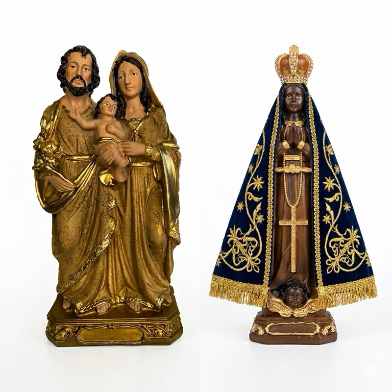 Kit Imagens Sagrada Família + Nossa Senhora Aparecida Resina Premium - Decoração Religiosa Católica Casa Altar Presente