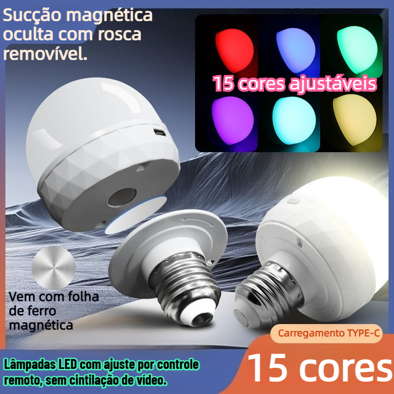 Lâmpada RGB Recarregável Encaixe E27, Bola de Luz Magnética USB com Controle Remoto
