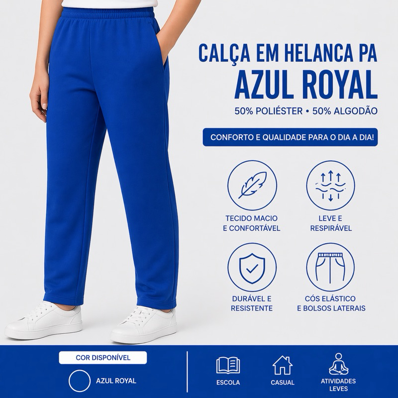 Kit com 2 Calças Uniforme Escolar Azul Royal Helanca PA Leve Confortável Infantil ao Adulto