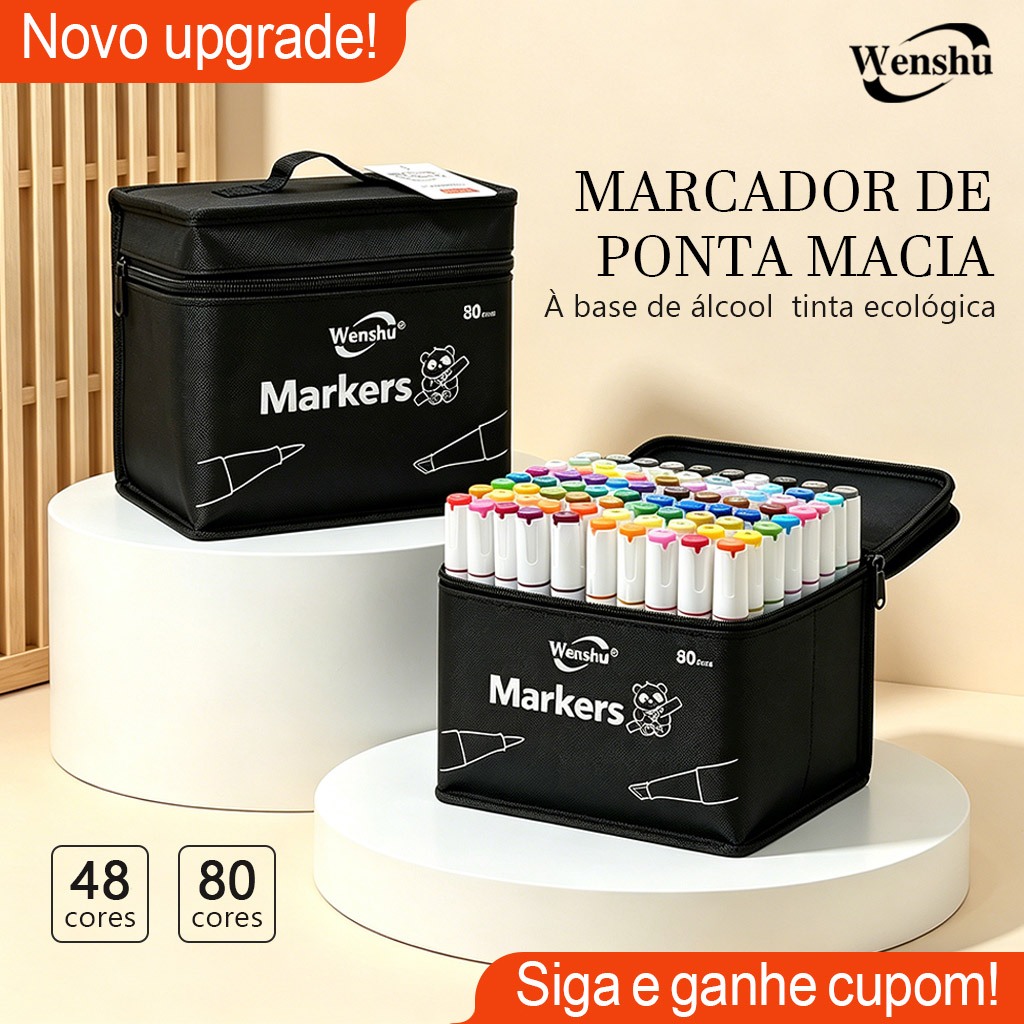 Canetas Coloridas Kit Marcadoras Wenshu Dupla Ponta Brush/Chanfrada Álcool Para Arte e Desenho