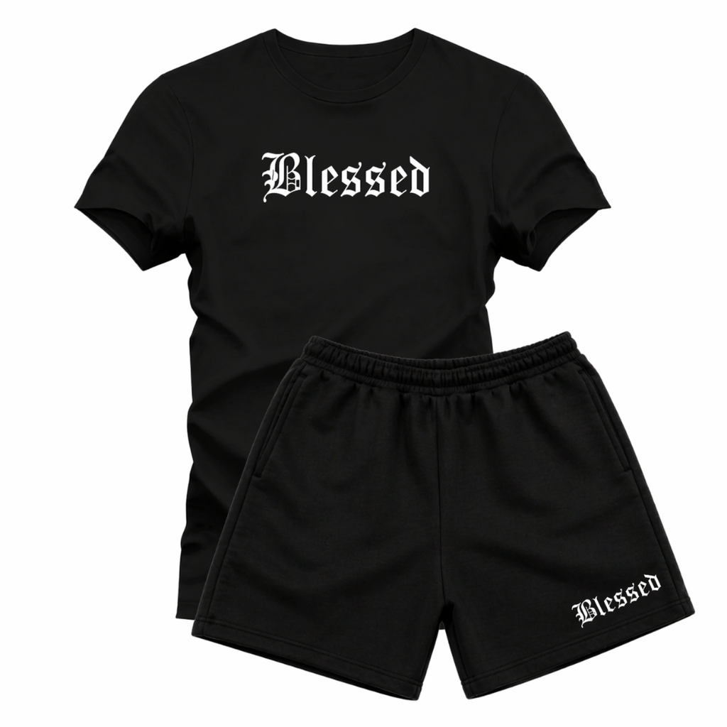 POLAR BEAR Conjunto Casual Masculino Camiseta e Bermuda de Moletom Algodão Short Estampado Blessed