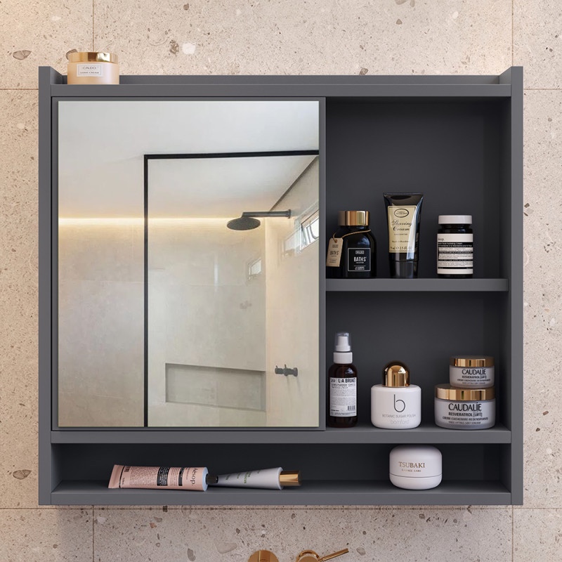 Armário 60 cm para Banheiro Com Espelho na Porta, Prateleiras divisoria gabinete Espelheira Aqua
