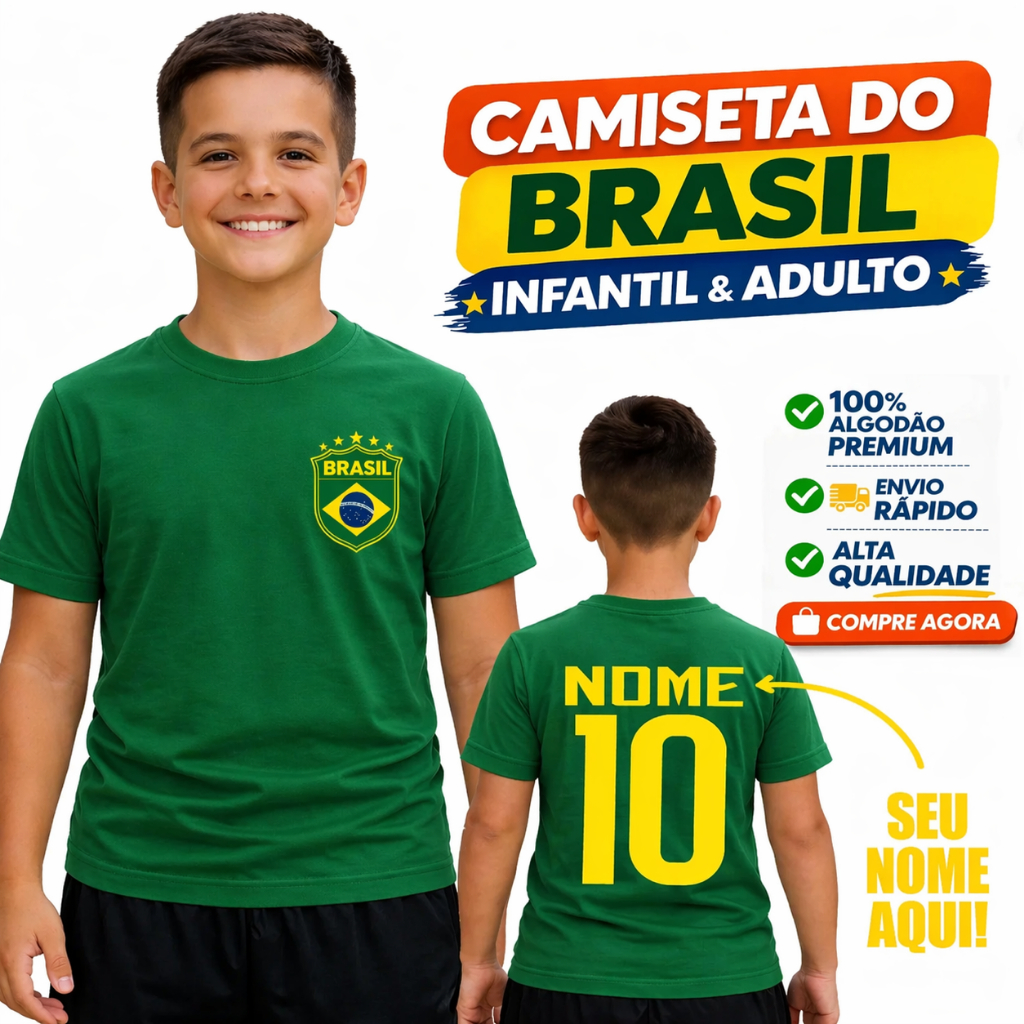 Camiseta do Brasil com Nome Personalizado Infantil e Adulto