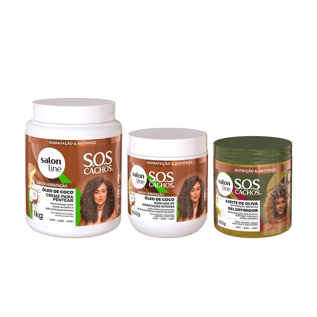 Kit com Gel Definidor, Creme para Pentear e Máscara de Hidratação SOS Cachos Sal