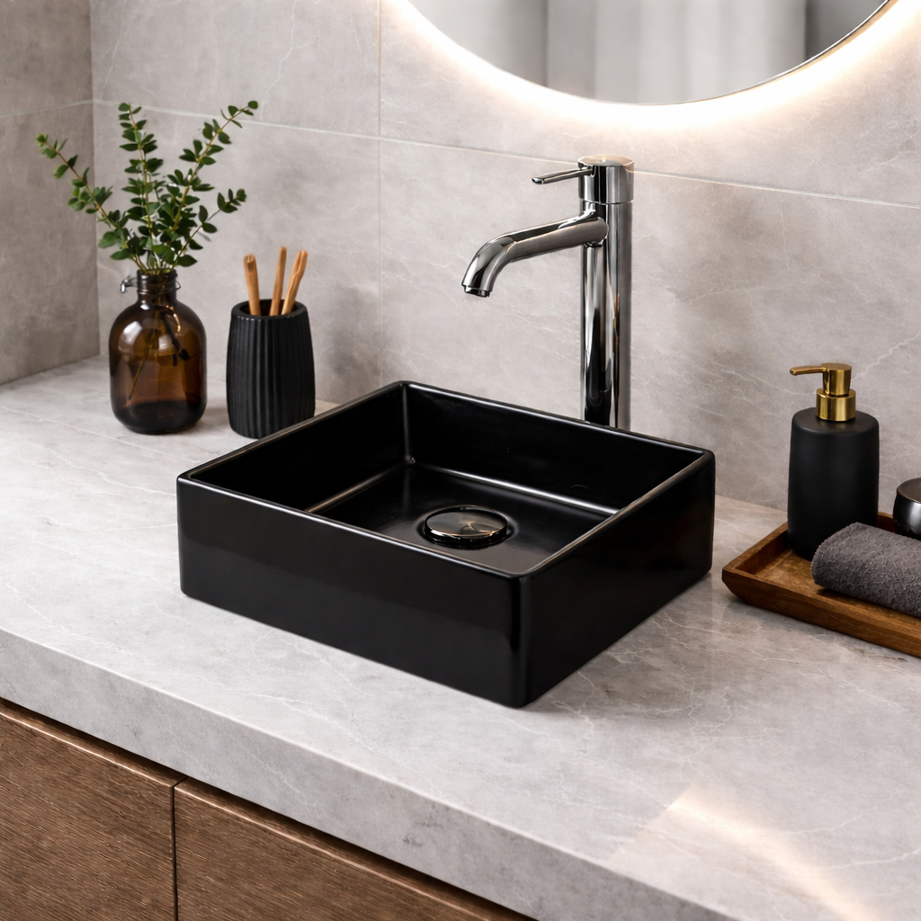 Cuba De Apoio Edge Quadrada 30,8 cm Louça Cerâmica Para Banheiro Lavabo Pia De Sobrepor Bancada Preta Ou Branca