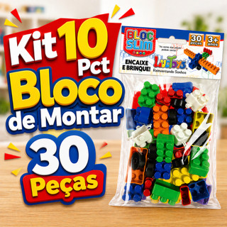 Kit 10 Pct Bloco de Montar 30 Peças com Rodinha Brinquedo Infantil Didático Educativo Lembrancinha