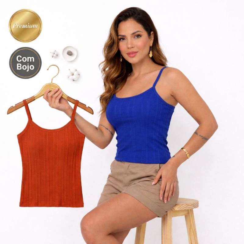 ​Regata Feminina Ribana Premium Com Bojo Canelada Blusa Algodão Básica