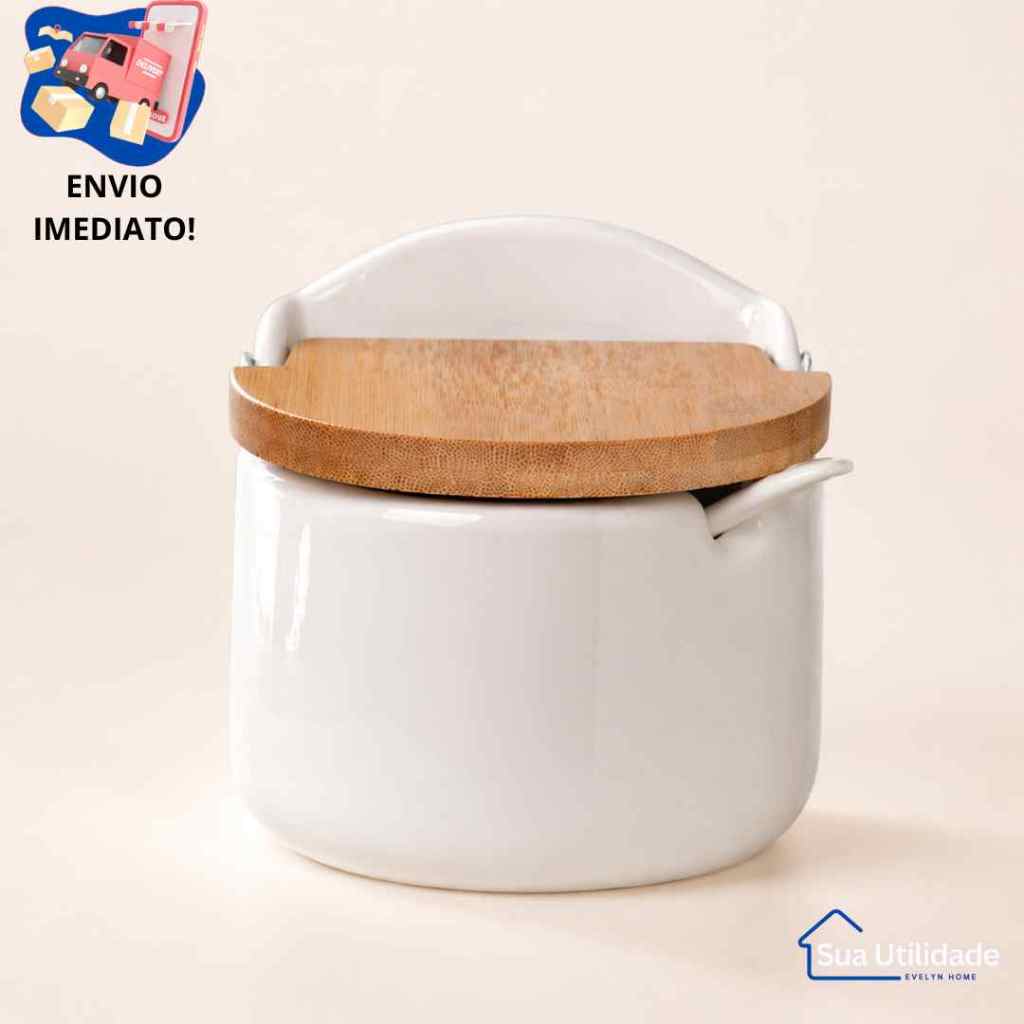 Porta Condimentos De Porcelana Com Tampa De Bambu Saleiro Porta Alho Temperos Moderno Cozinha Organizada E Funcional