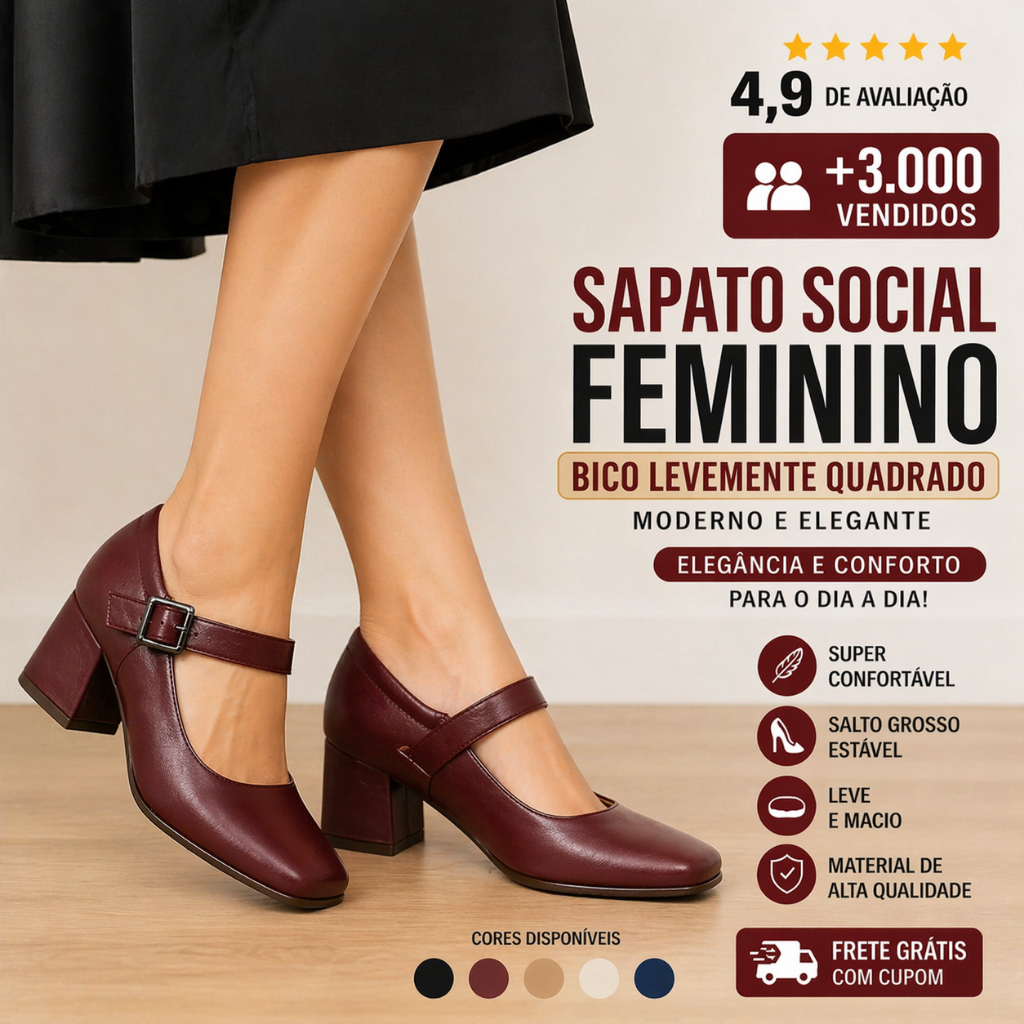 Sapato Social Feminino Bico Levemente Quadrado Salto Bloco Confortável Casual Dia a Dia Elegante