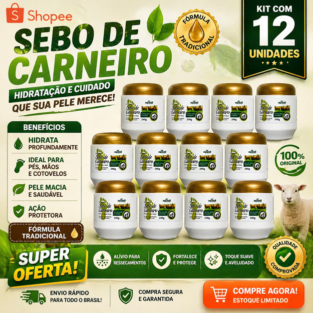 Kit 12 unid Creme Hid Sebo de Carneiro com Óleo de Argan e Cacau 240g Apinil