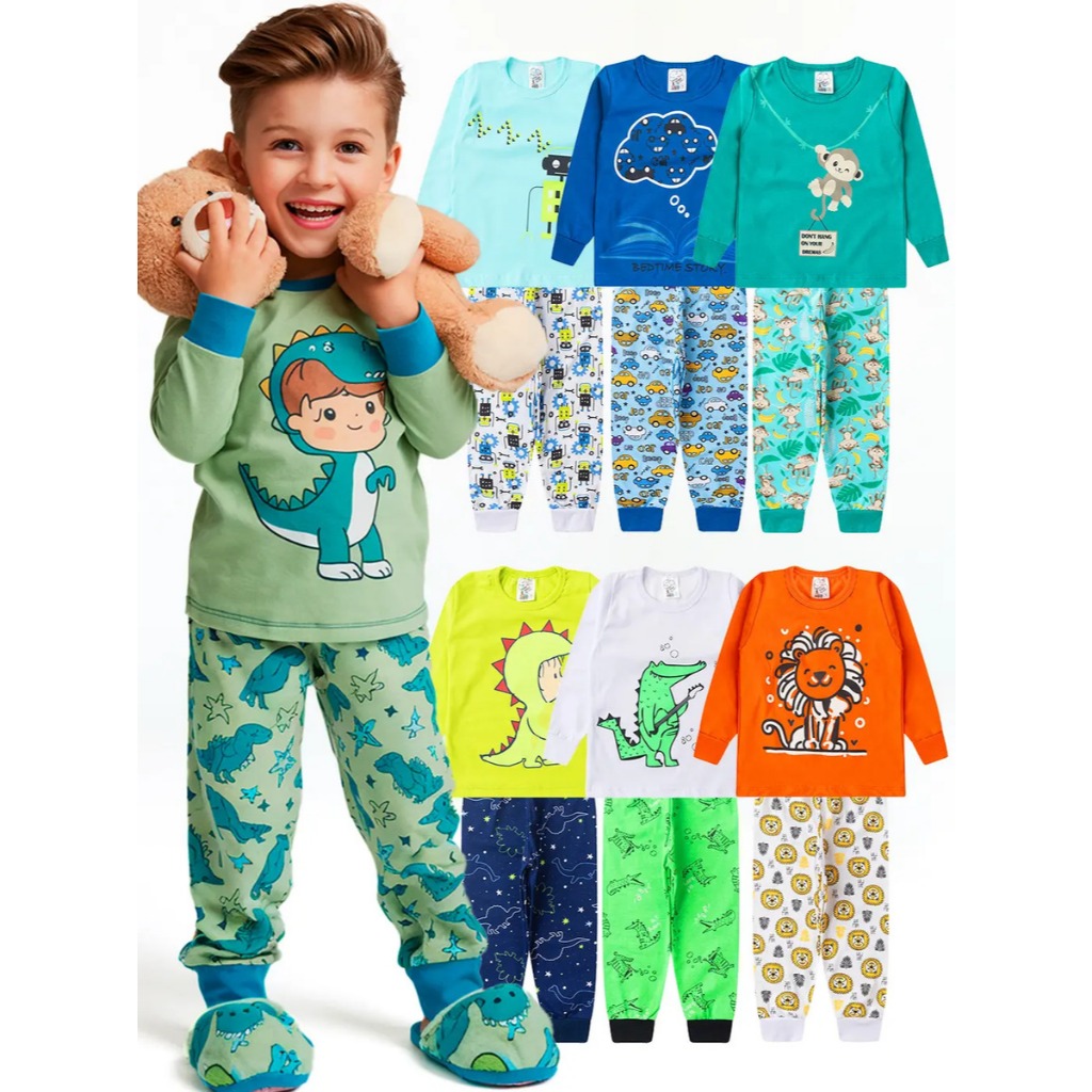 OFERTA DO DIA 🌙 Kit 2 Pijamas Menino Algodão – Ideal para Noites Frias Tam 4 ao 8