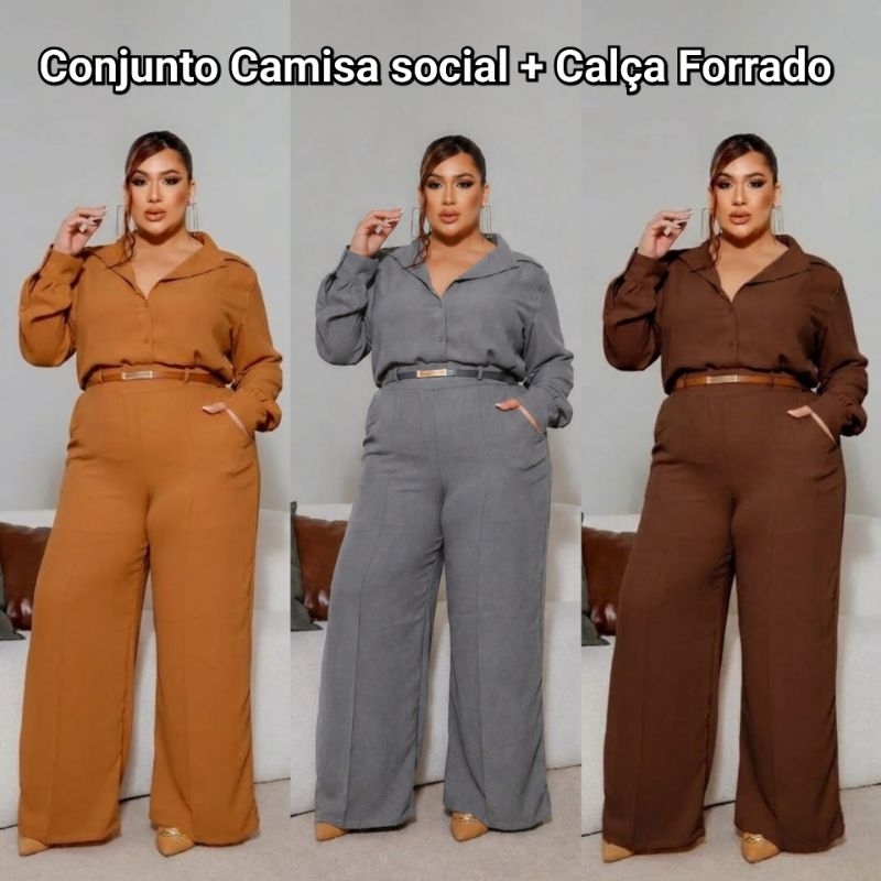 Conjunto social Plus size Camisa manga comprida e calça pantalona forrado G1 G2 G3