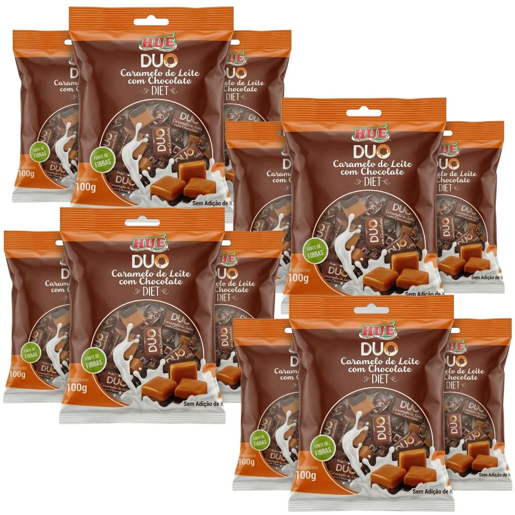 DUO CARAMELO DE LEITE DIET COM CHOCOLATE PACOTE 100G HUE KIT 12