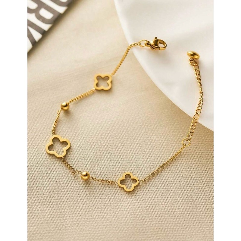 1 Peça Pulseira de Aço Inoxidável Folheada a Ouro 18K com Trevo de Quatro Folhas Oco, Pulseira de Moda Versátil