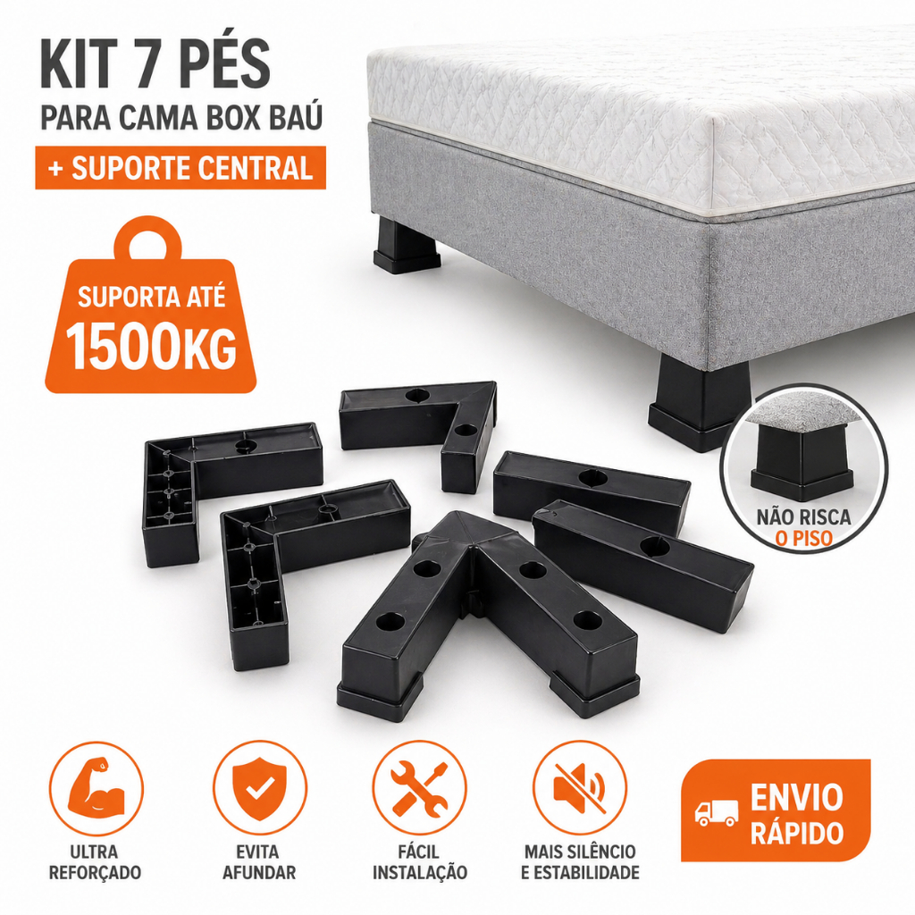 Kit 7 Pés Reforçado Para Cama Box Bau 4/3 Com Suporte Central Evita Afundar 1500kg Não Risca Piso