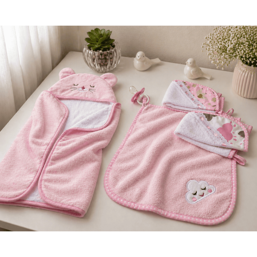 Kit Toalha Banho Bebê 4 Peças 1 Toalha Com Capuz Orelhinha E 3 Porta Chupetas Estampadas
