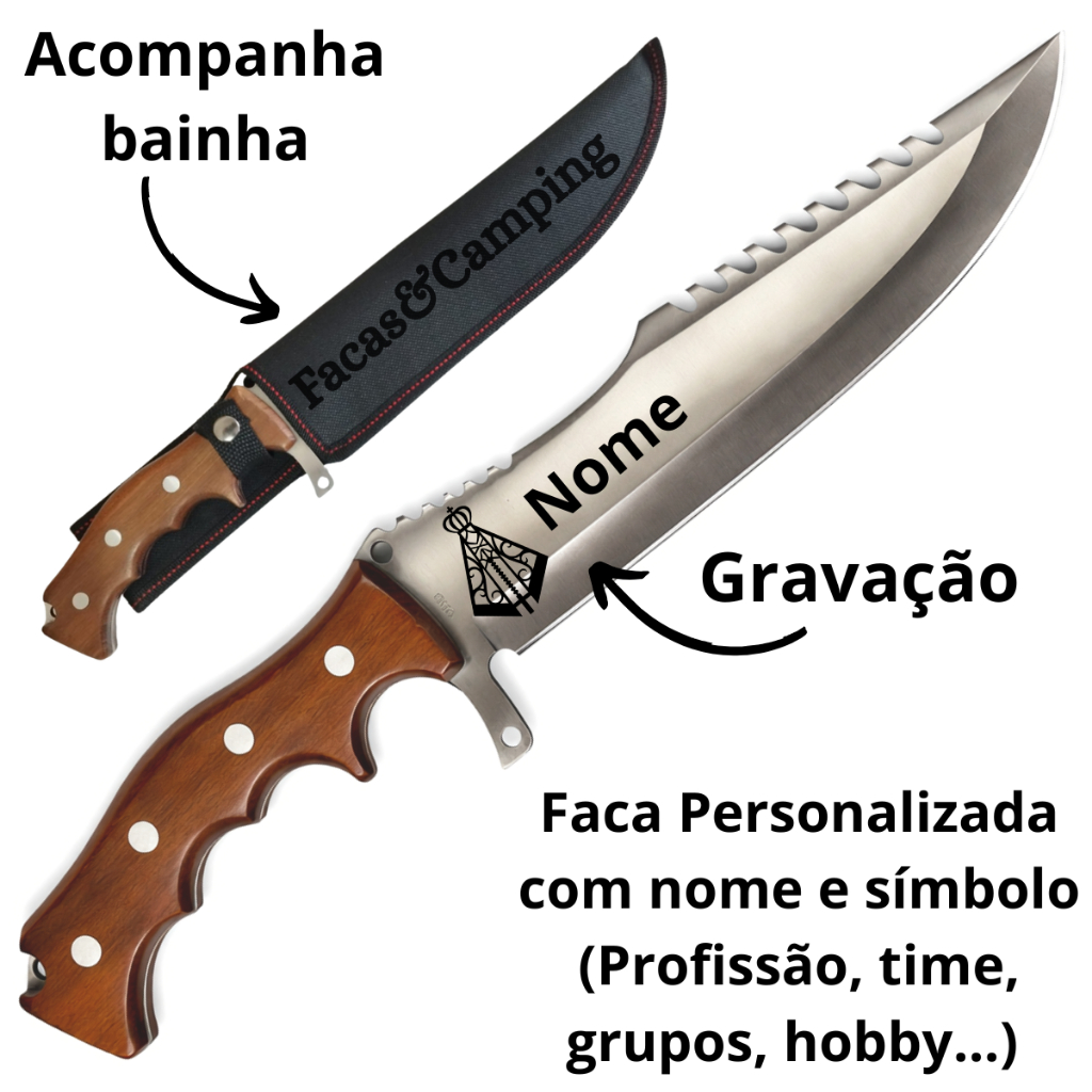 Facão Trilha Com Gravação Personalizada Símbolo Nome e Bainha