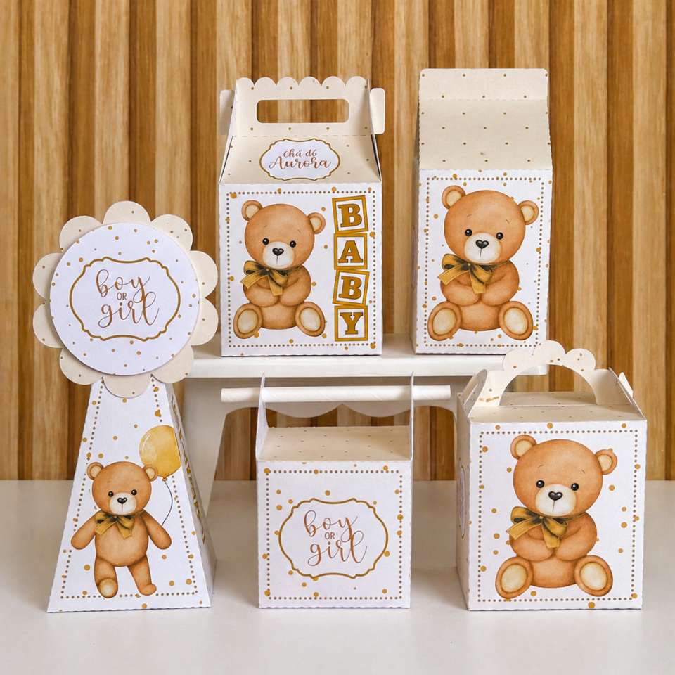 Kit Chá Revelação Ursinho Neutro - Caixinhas Personalizadas - Cha de Bebê Desmontadas para Lembrancinhas