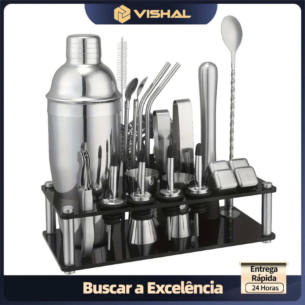 Kit 23 Peças Cocktail Bar Utensilios Inox Coqueteleira 750ml Profissional + Suporte Sacador Dosador
